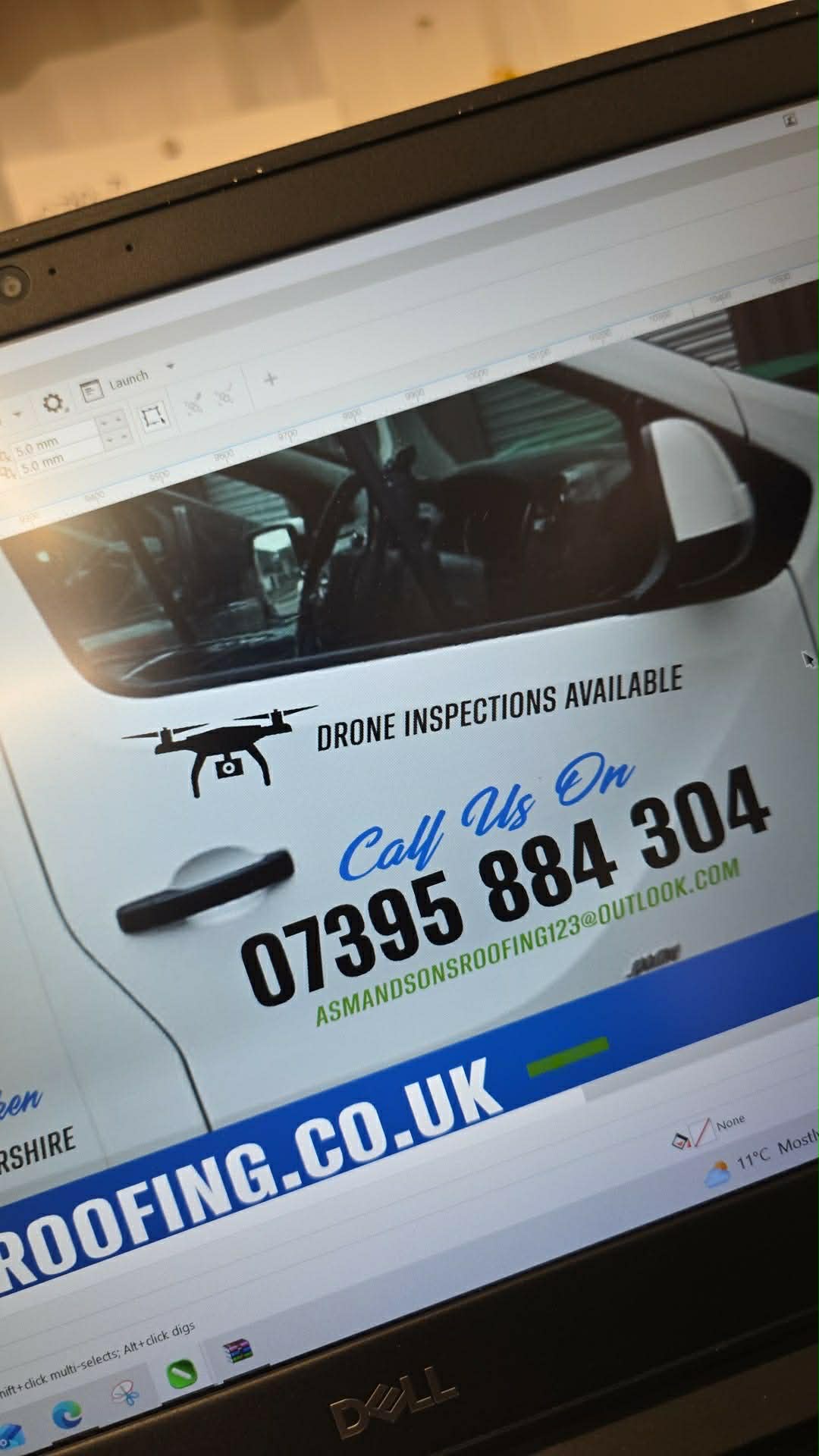Drone roof inspections available — ASM & Sons van decal close-up